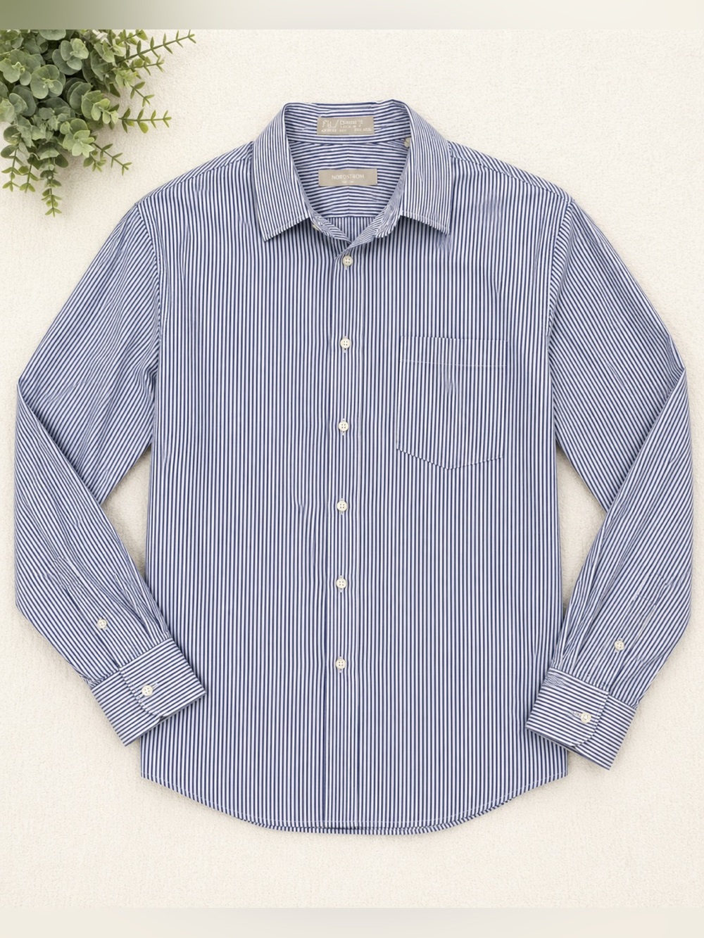Nordstrom Men’s Dress Shirt 16.5 Blue White Striped Button Classic Fit